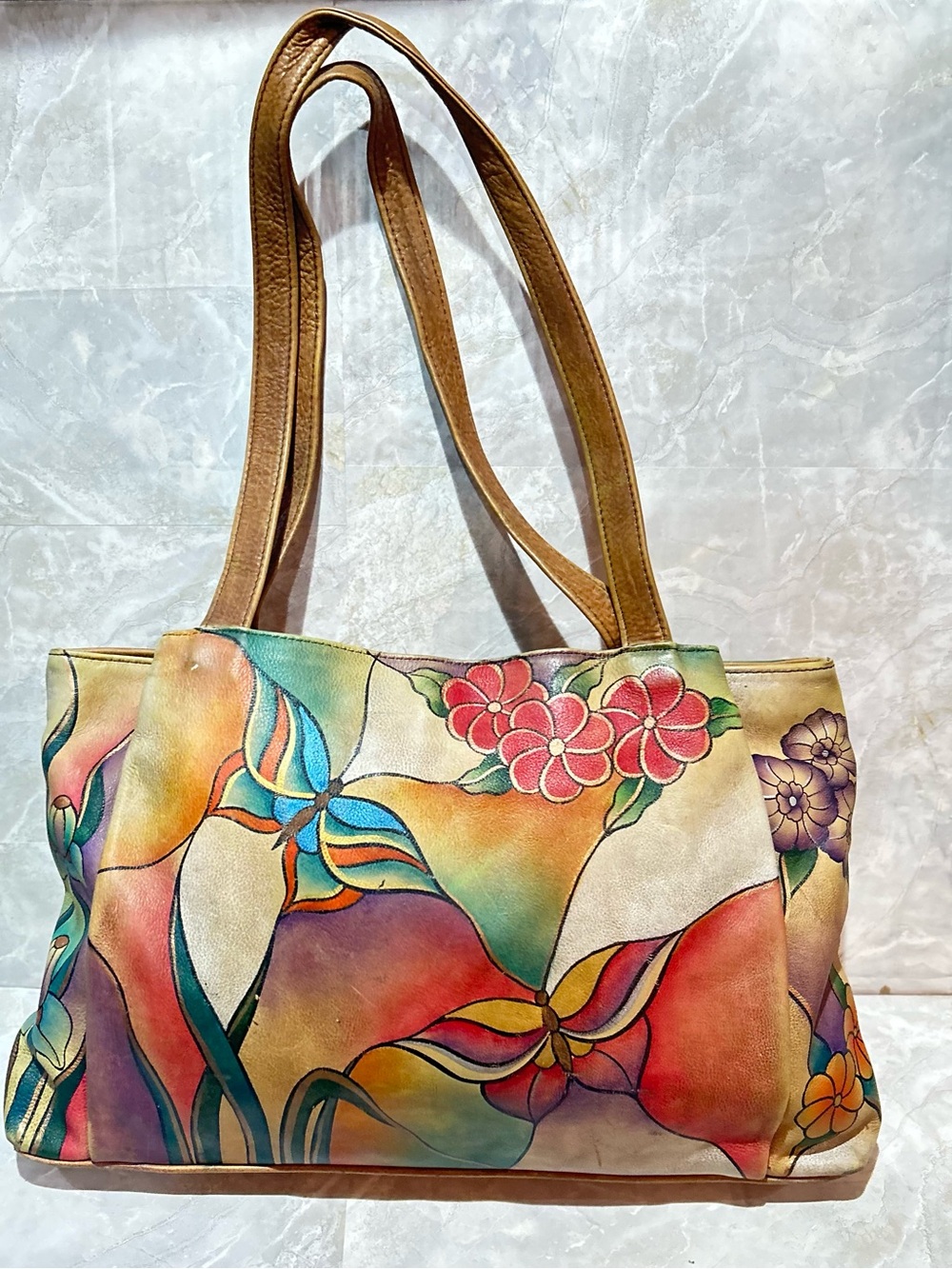 Anuschka Hand-Painted Floral Shoulder Bag in Multicolor with Tan Straps